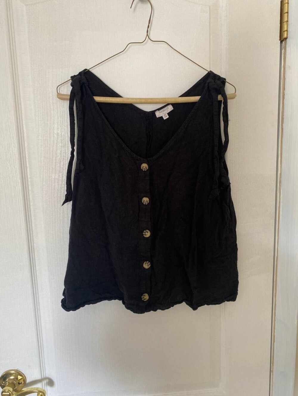 Weekend Los Angeles Black Linen Style Tank Top w/ Button Front and Tie Sleeve XL